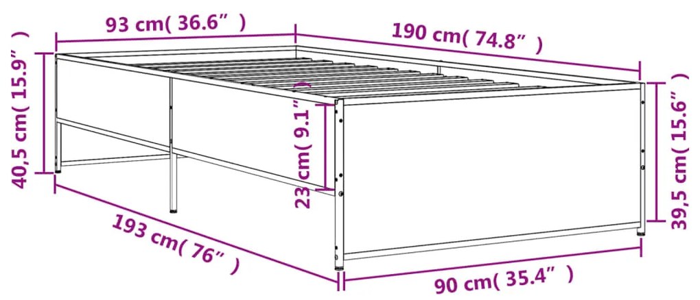 Πλαίσιο Κρεβατιού Καφέ Δρυς 90 x 190 εκ. Επεξ. Ξύλο &amp; Μέταλλο - Καφέ