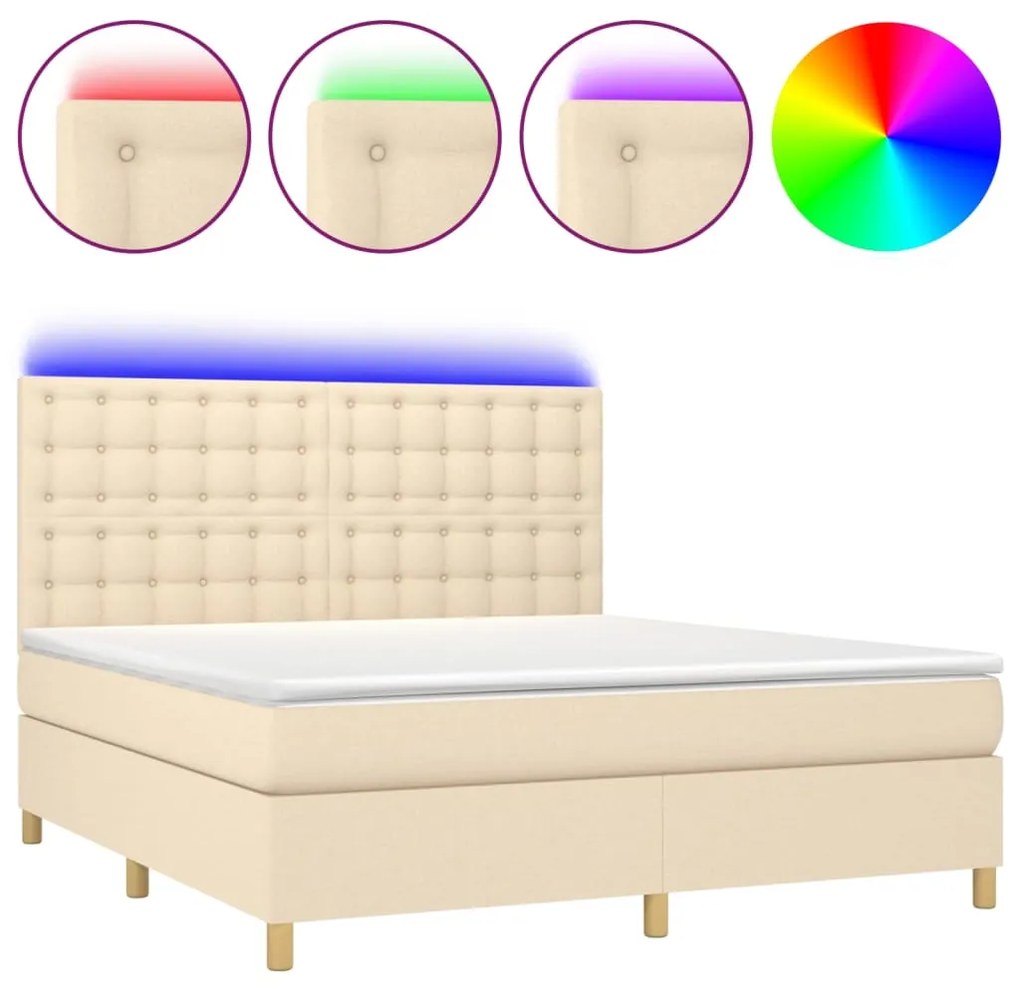 Κρεβάτι Boxspring με Στρώμα &amp; LED Κρεμ 160x200 εκ. Υφασμάτινο - Κρεμ