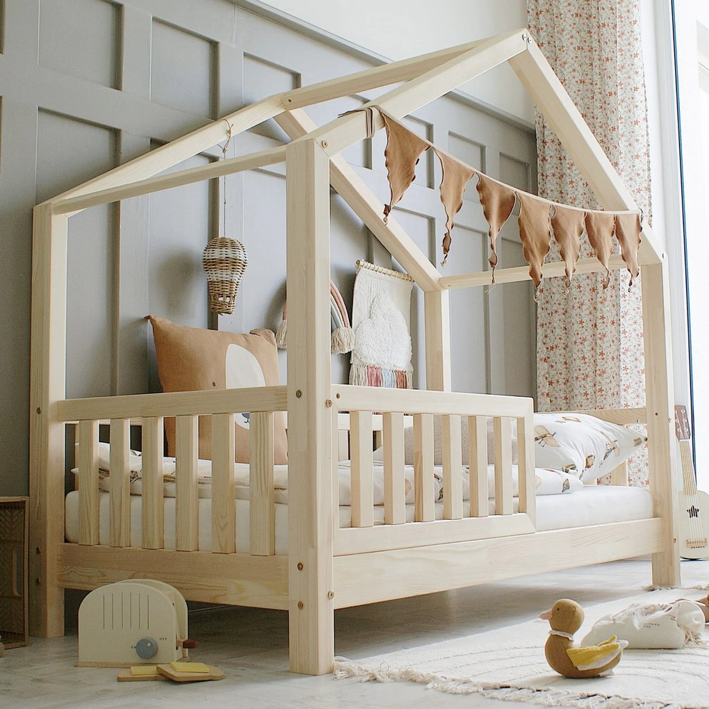 Κρεβάτι Παιδικό Montessori  House Bed με κάγκελα 30cm σε Φυσικό  Ξύλο  80×160cm  Luletto (Δώρο 10% έκπτωση στο Στρώμα)