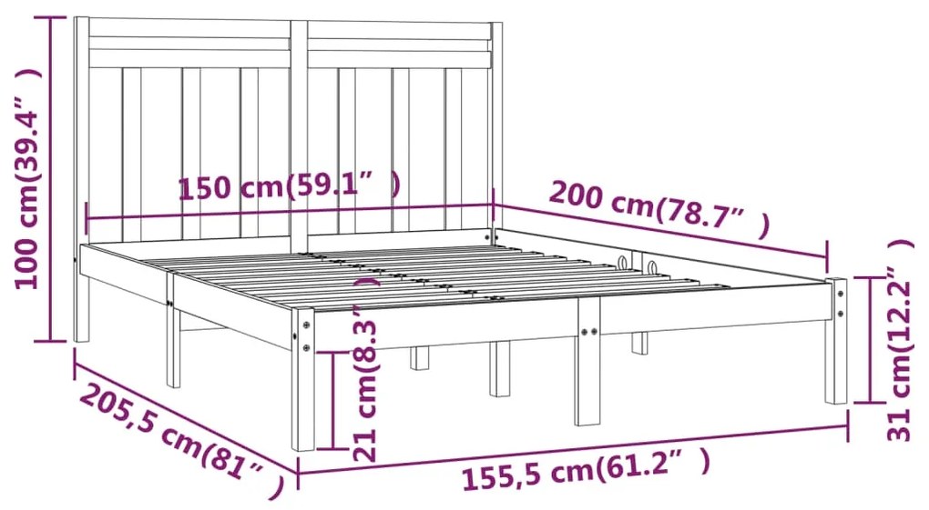 vidaXL Πλαίσιο Κρεβατιού Μαύρο 150 x 200 εκ. Μασίφ Ξύλο King Size
