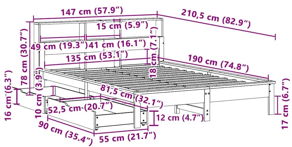 ΚΡΕΒΑΤΙ ΒΙΒΛΙΟΘΗΚΗ ΧΩΡΙΣ ΣΤΡΩΜΑ 135X190 ΕΚ ΜΑΣΙΦ ΞΥΛΟ ΠΕΥΚΟΥ 3309824