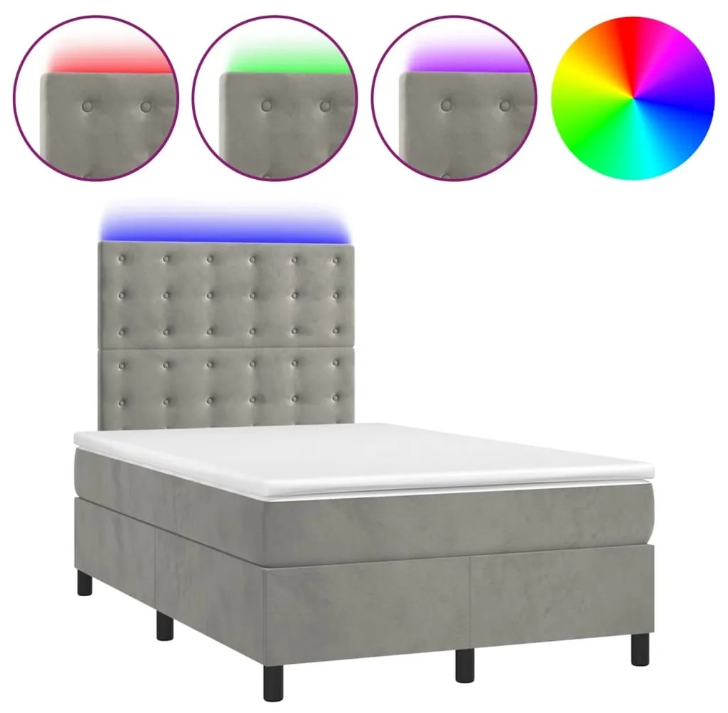 vidaXL Κρεβάτι Boxspring με Στρώμα & LED Αν.Γκρι 120x190εκ. Βελούδινο