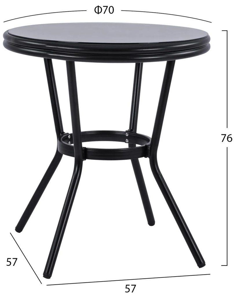 Τραπέζι MOSES Αλουμινίου Bamboo look Μαύρο με Γυαλί Φ70x76Υ εκ. 70x70x76 εκ.