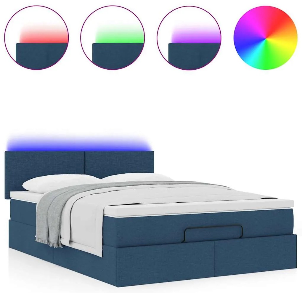 vidaXL Οθωμανικό κρεβάτι με στρώμα & LEDs Μπλε 140x190cm Ύφασμα