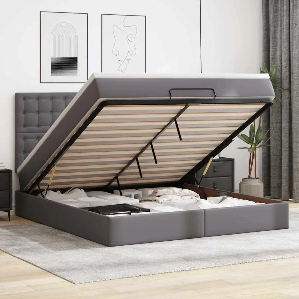 vidaXL Οθωμανικό κρεβάτι με στρώμα &amp; LEDs Grey 160x200cm Faux Leather