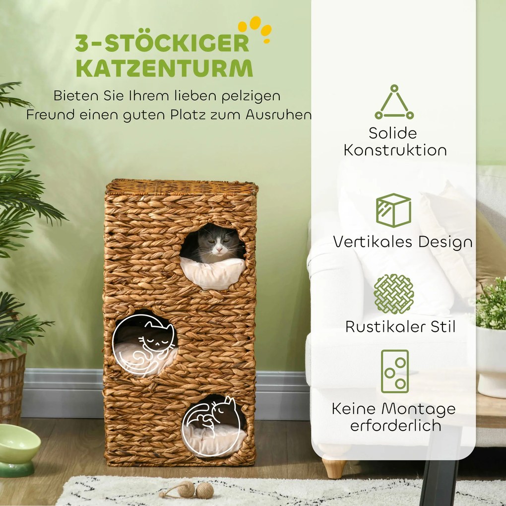 Δέντρο γάτας με πύργο ξυσίματος, 3 επίπεδα, μαλακά μαξιλάρια, πόρτες, υάκινθος νερού, ανοιχτό καφέ