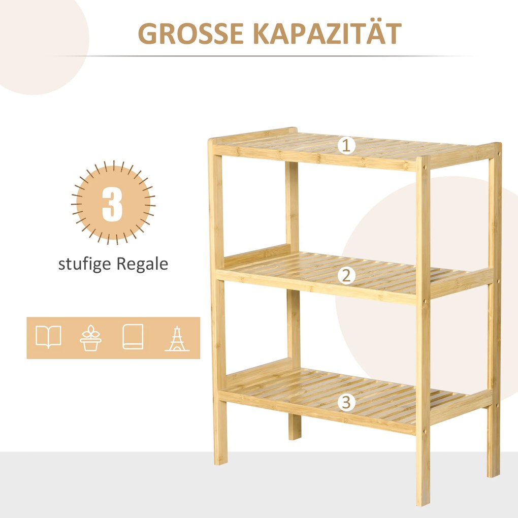 HOMCOM Ράφι από μπαμπού με 3 ράφια, μπαμπού, 62 cm x 33 cm x 80 cm, φυσικό χρώμα