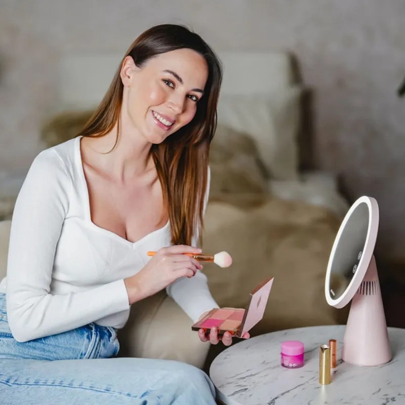 Φωτιζόμενος καθρέφτης καλλυντικών Smart Moon LED, 10x μεγέθυνση, ζεστό/ουδέτερο/κρύο φως, ρυθμιζόμενη φωτεινότητα, ηχείο Bluetooth, ροζ