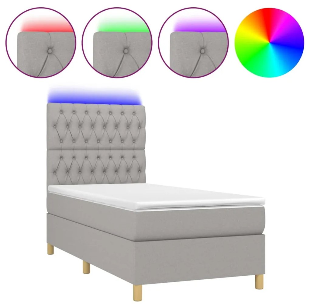 vidaXL Κρεβάτι Boxspring με Στρώμα & LED Αν.Γκρι 80x200 εκ. Υφασμάτινο