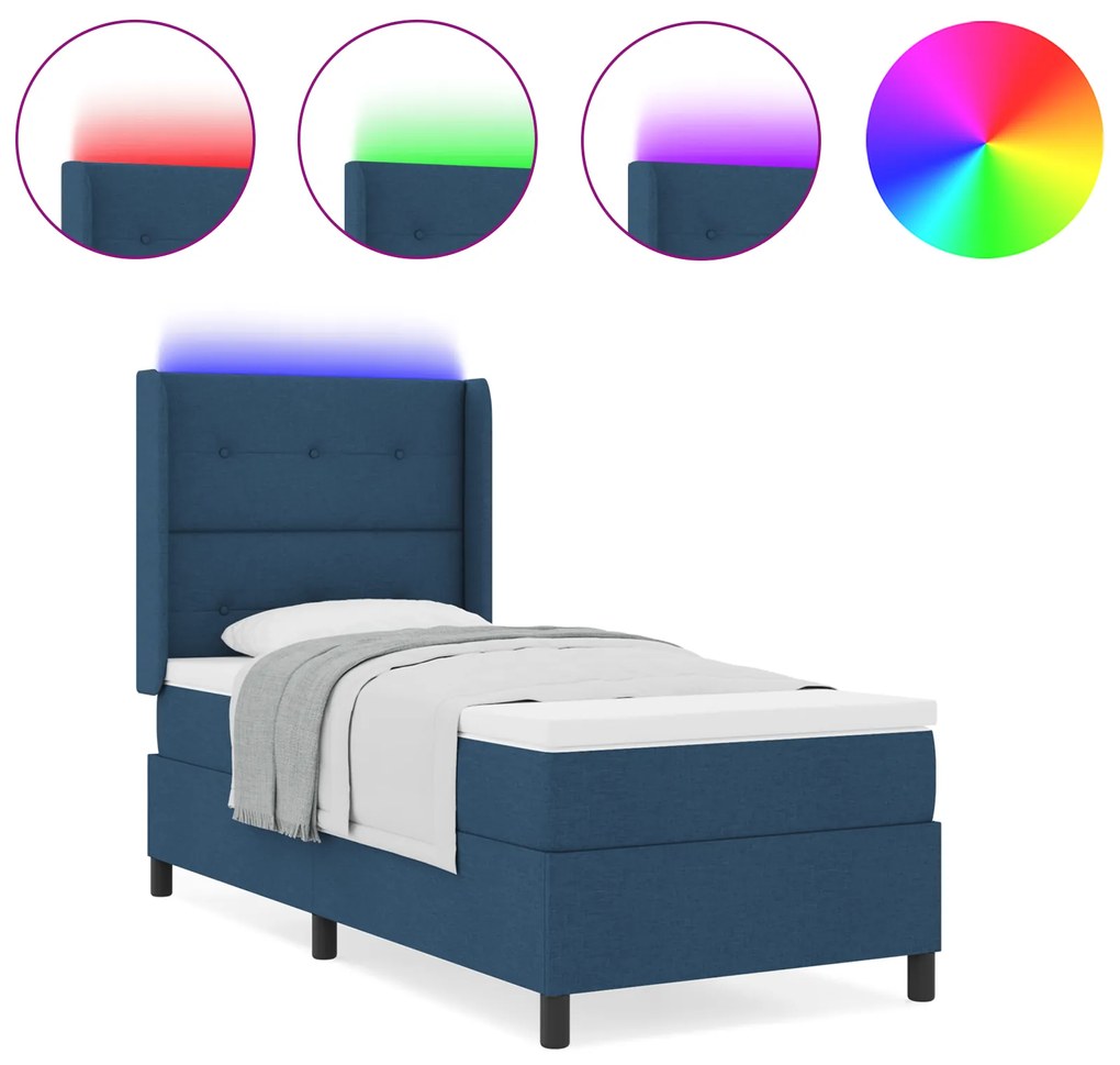 vidaXL κρεβάτι με ελατήριο και στρώμα & LED μπλε 90x200 εκ. ύφασμα