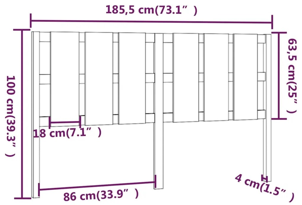 vidaXL Κεφαλάρι Κρεβατιού Μαύρο 185,5x4x100 εκ. Μασίφ Ξύλο Πεύκου