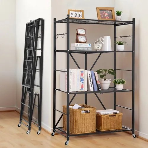 VEVOR Folding Storage Shelf with Wheels 4-Tier No Assembly Organizer Shelf Black