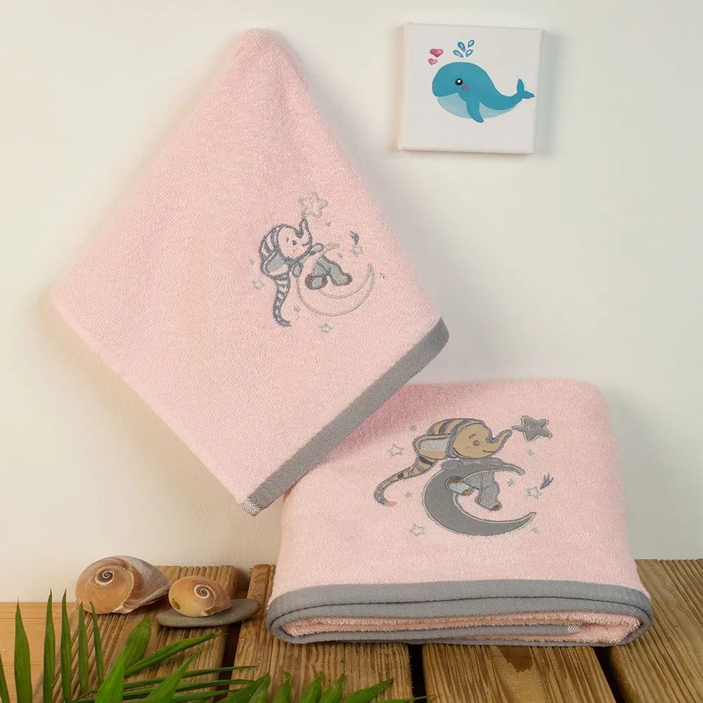 Πετσέτες Βρεφικές Με Κέντημα Dreaming Elephant 167 (Σετ 2τμχ) Pink DimCol Towels Set 70x140cm 100% Βαμβάκι