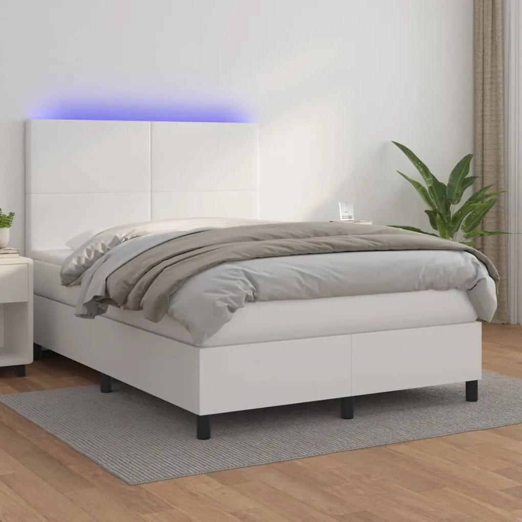 vidaXL Κρεβάτι Boxspring με Στρώμα & LED Λευκό 140x200 εκ. Συνθ. Δέρμα