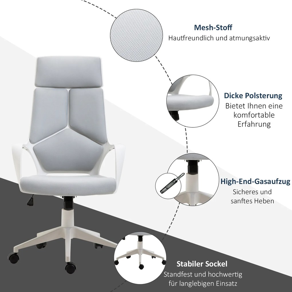 HOMCOM Εργονομική Καρέκλα Γραφείου, Διχτυωτό Ύφασμα, Ρυθμιζόμενο Ύψος, Περιστρεφόμενη, Καρέκλα Γραφείου με Ρόδες, Γκρι+Λευκό