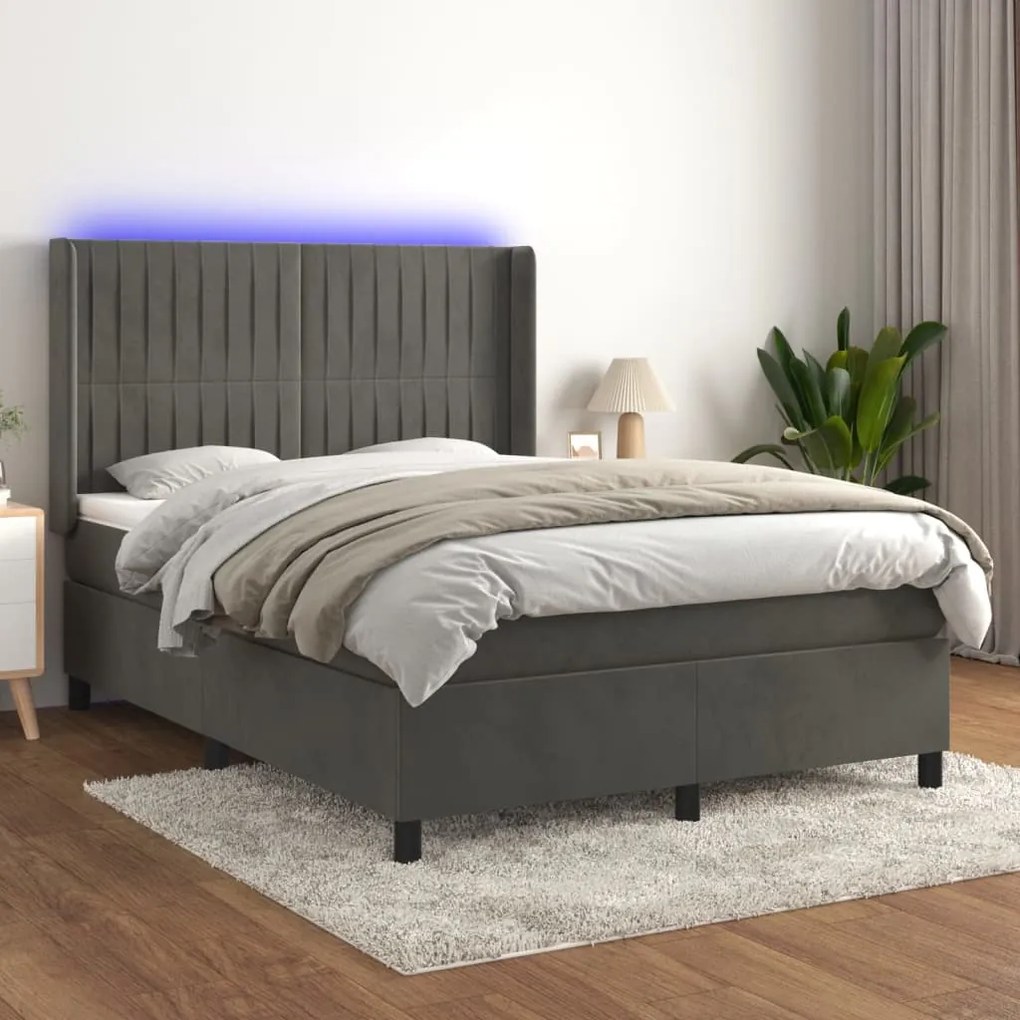 vidaXL Κρεβάτι Boxspring με Στρώμα &amp; LED Σκ. Γκρι 140x190εκ. Βελούδινο