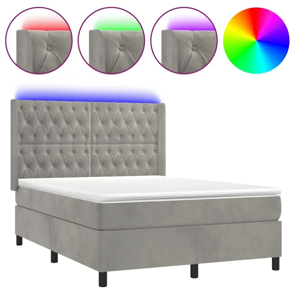 Κρεβάτι Boxspring με Στρώμα&amp;LED Αν. Γκρι 140x190 εκ. Βελούδινο - Γκρι