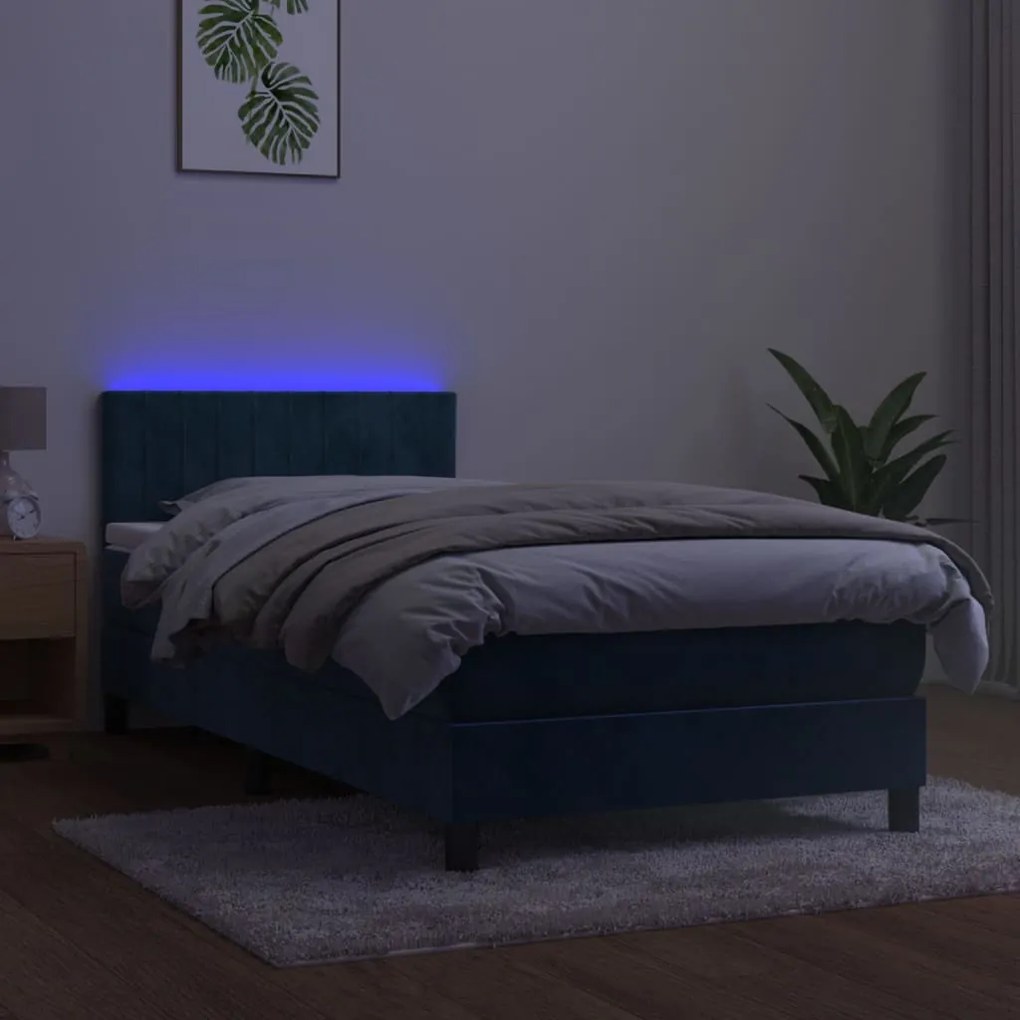 vidaXL Κρεβάτι Boxspring με Στρώμα & LED Σκ. Μπλε 90x200 εκ. Βελούδινο