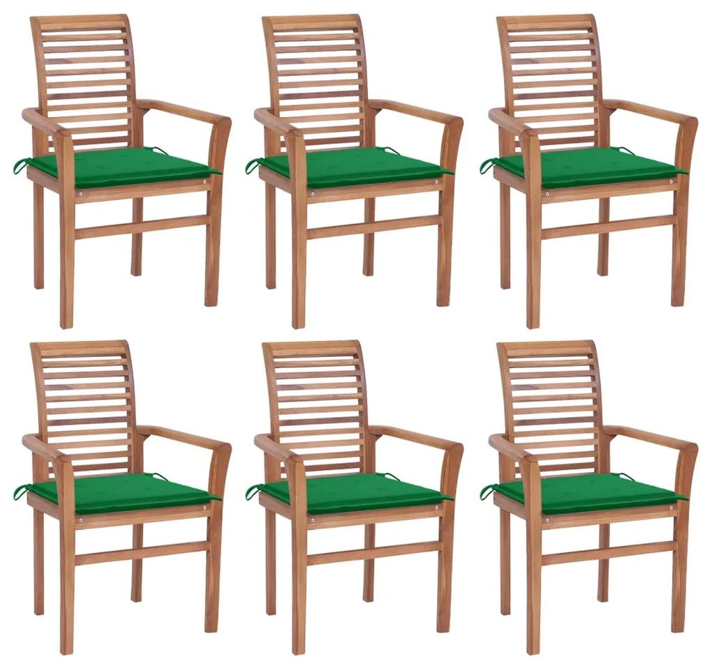 Καρέκλες Τραπεζαρίας 6 τεμ. Μασίφ Ξύλο Teak &amp; Πράσινα Μαξιλάρια