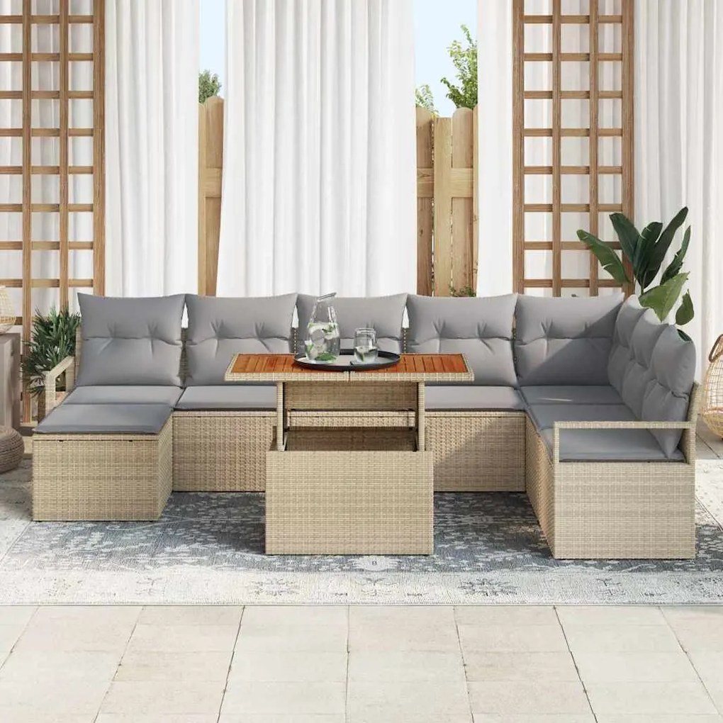 vidaXL Σετ Καναπέ Κήπου με μαξιλάρι 9 pcs Μπεζ, Γκρι