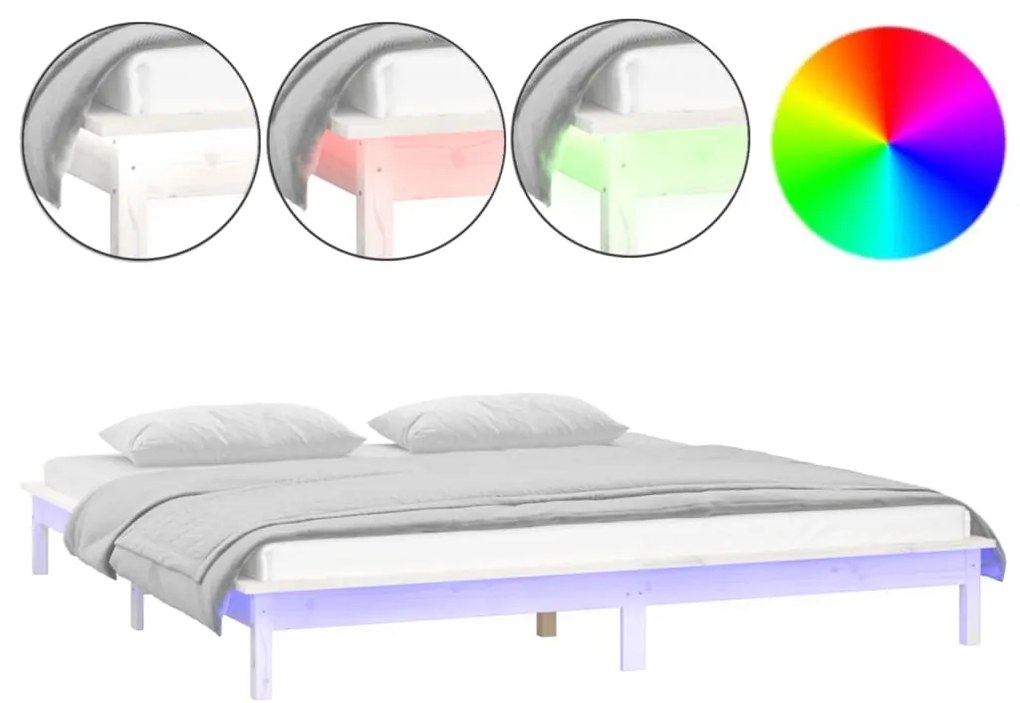 vidaXL Πλαίσιο Κρεβατιού με LED Λευκό 140 x 200 εκ. από Μασίφ Ξύλο