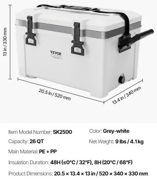 VEVOR Portable Cooler 26 QT Insulated Cooler 38 Can Capacity with Handles Strap