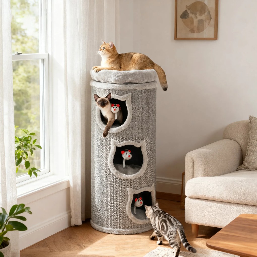 Κρεβάτι για γάτες PawHut, 96 cm, πύργος για γάτες 4 επιπέδων με πλενόμενο κρεβάτι, 3 κρυψώνες, κρεμαστό παιχνίδι, για πολλές γάτες Γκρι