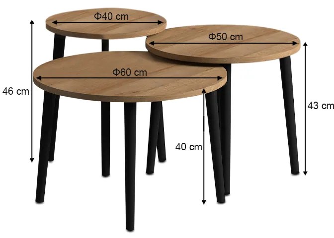 Τραπεζάκι σαλονιού σετ 3 τμχ Roma Megapap χρώμα oak Φ60x46εκ.