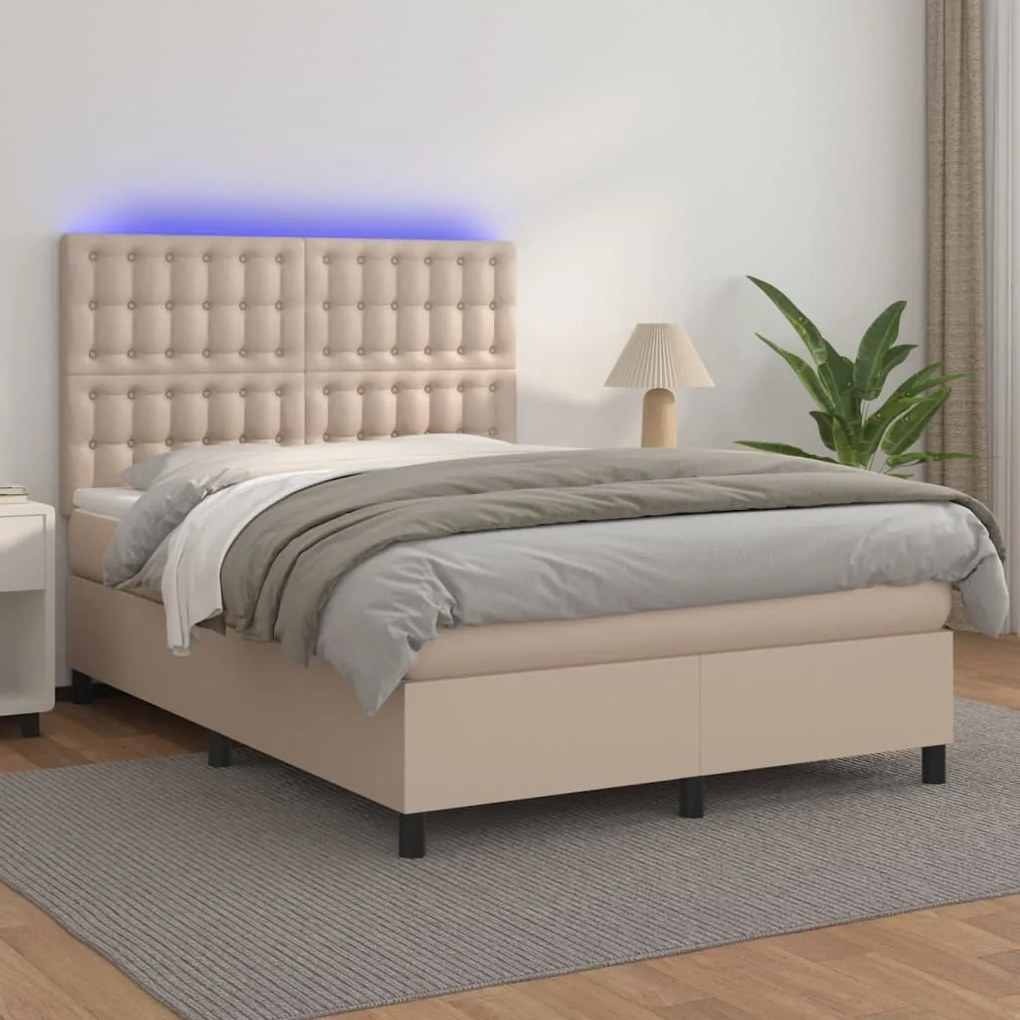 vidaXL Κρεβάτι Boxspring Στρώμα&LED Καπουτσίνο 140x200 εκ. Συνθ. Δέρμα