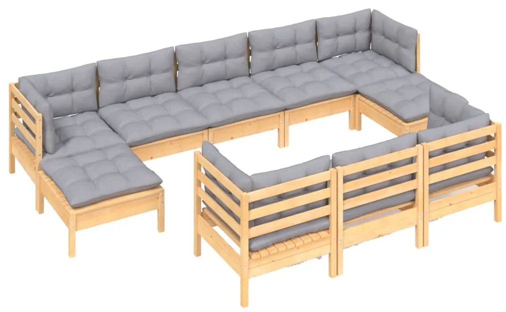vidaXL Σαλόνι Κήπου Σετ 10 Τεμαχίων Μασίφ Ξύλο Πεύκου με Γκρι Μαξιλάρια