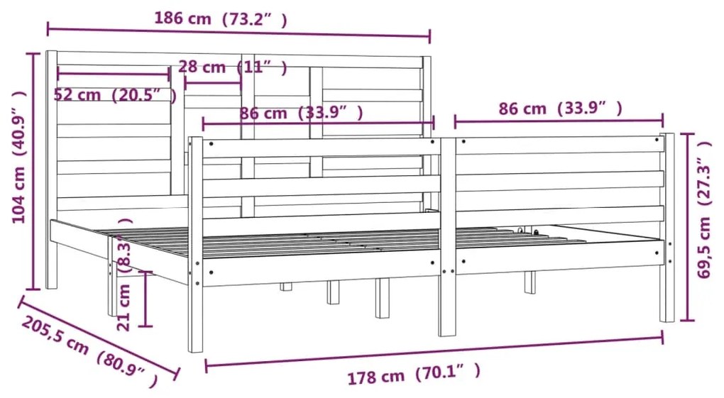 vidaXL Πλαίσιο Κρεβατιού Λευκό 180 x 200 εκ. Μασίφ Ξύλο Super King