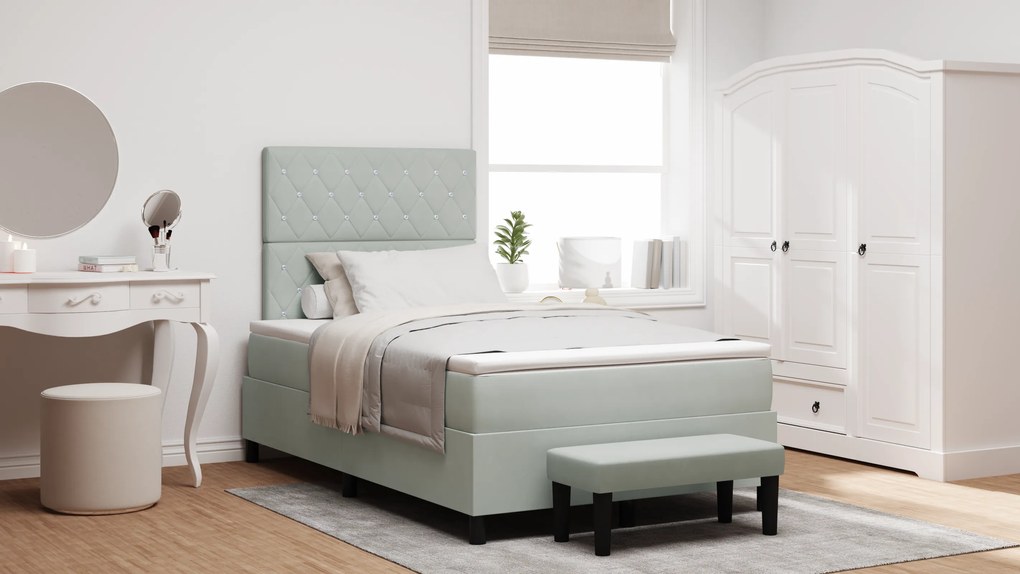 vidaXL Κρεβάτι box spring  με στρώμα & πάγκο ανοιχτό γκρι 120x200 εκ. βελούδο