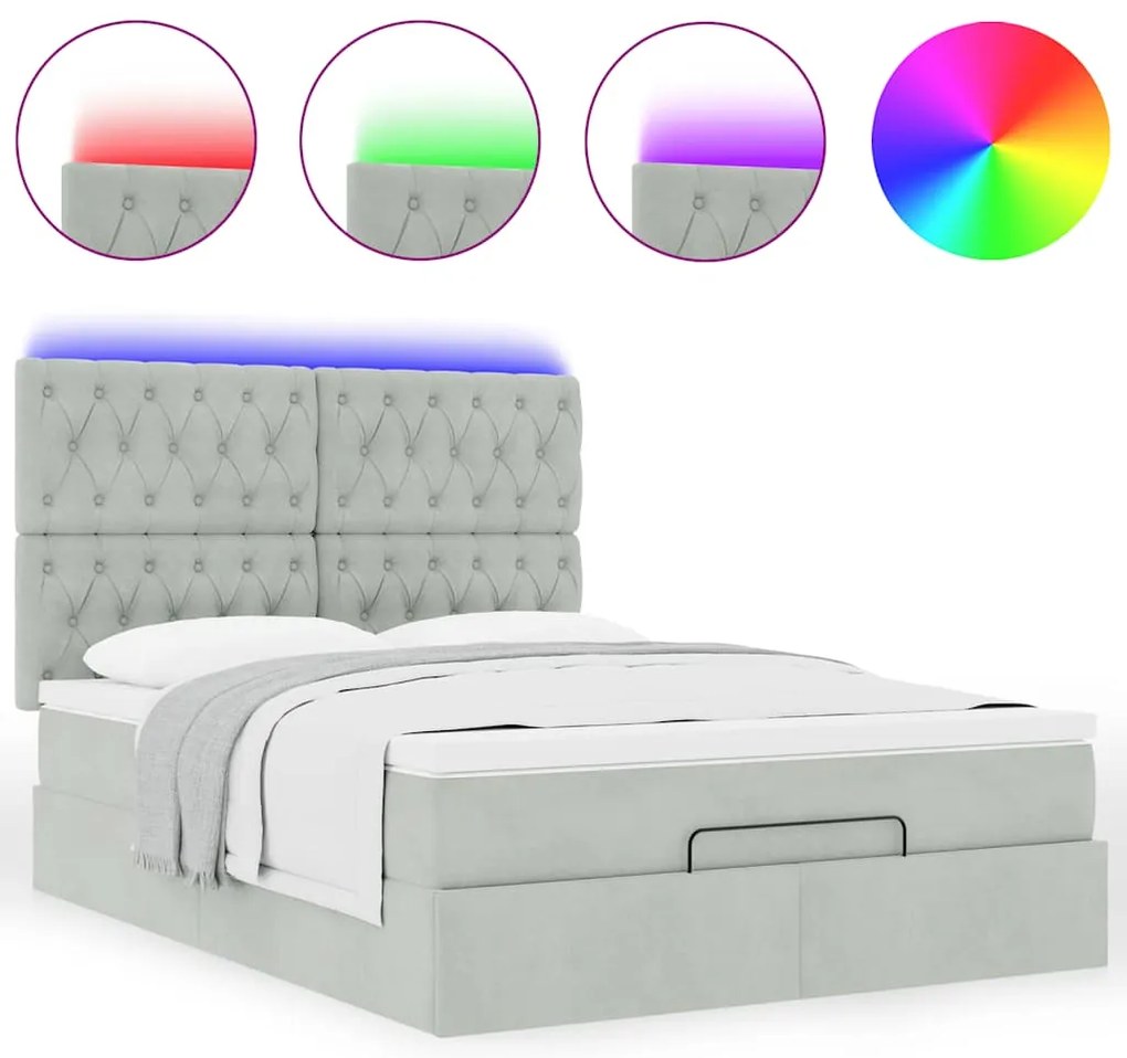 vidaXL Οθωμανικό κρεβάτι με στρώματα & LEDs Ανοιχτό γκρι Βελούδο