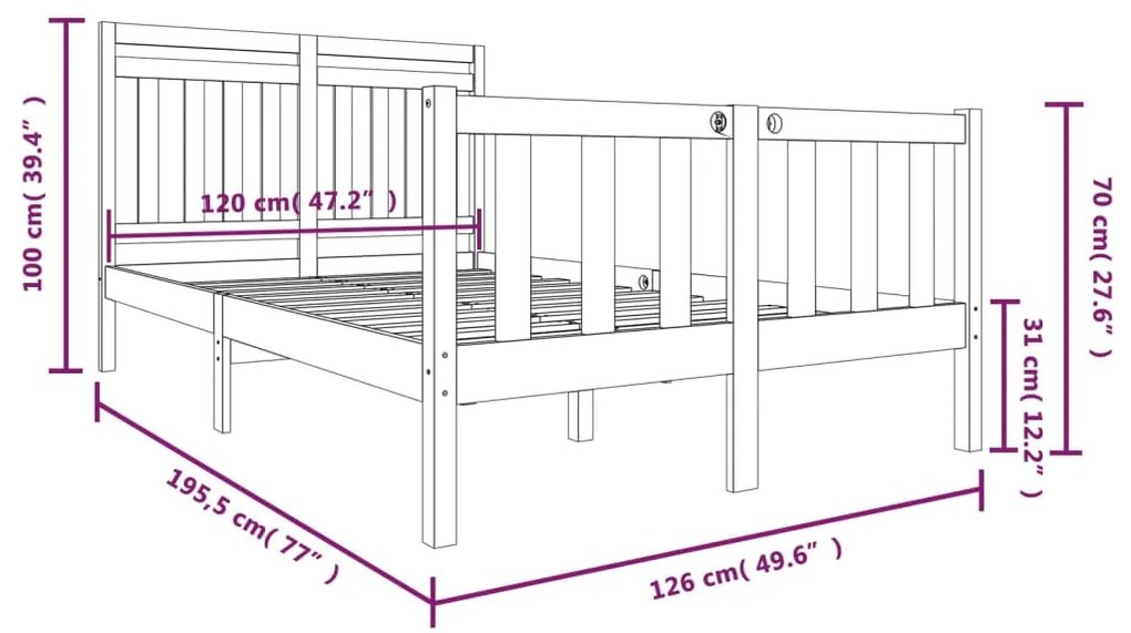 Πλαίσιο Κρεβατιού 120 x 190 εκ. από Μασίφ Ξύλο Small Double - Καφέ