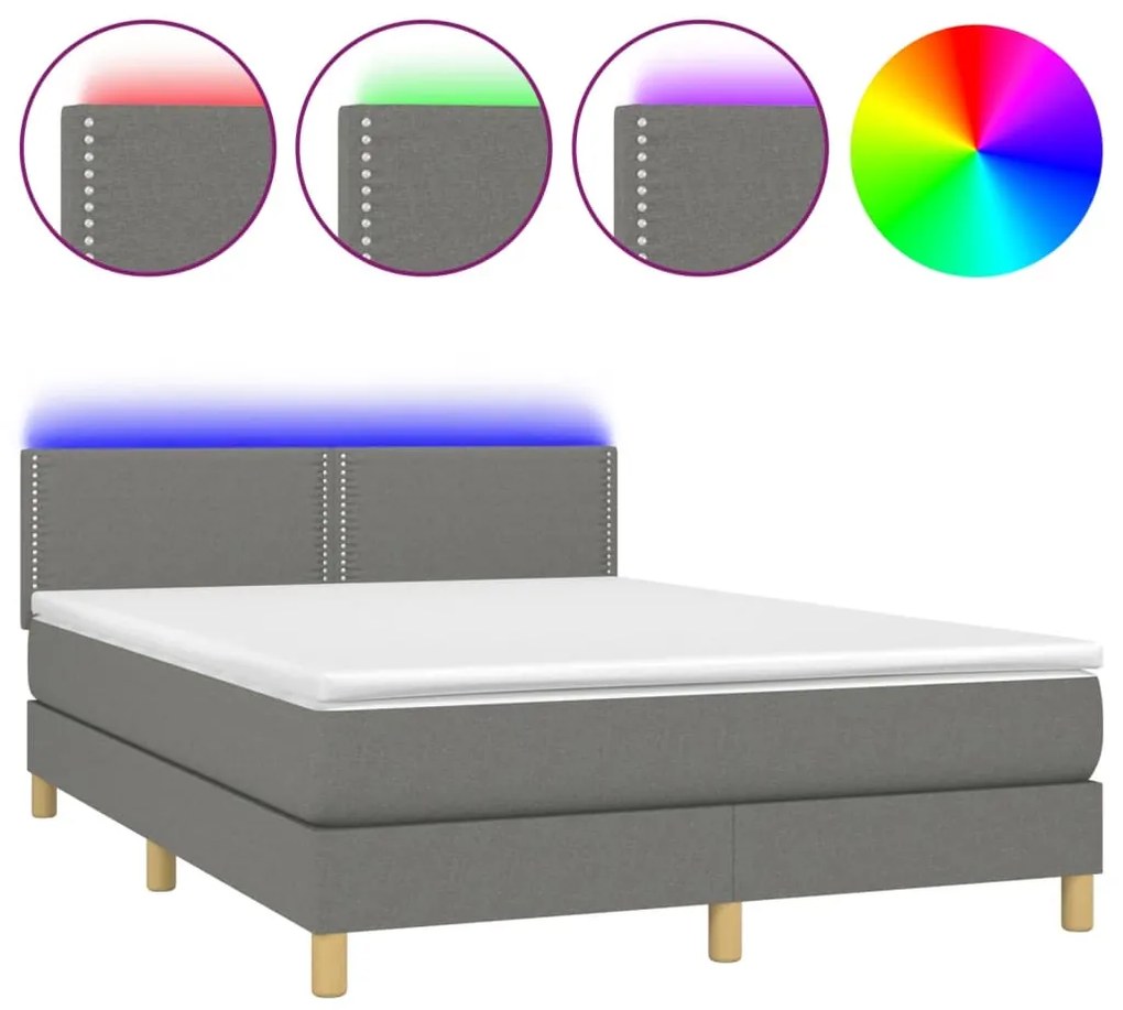 vidaXL Κρεβάτι Boxspring με Στρώμα &amp; LED Σκ.Γκρι 140x200 εκ Υφασμάτινο