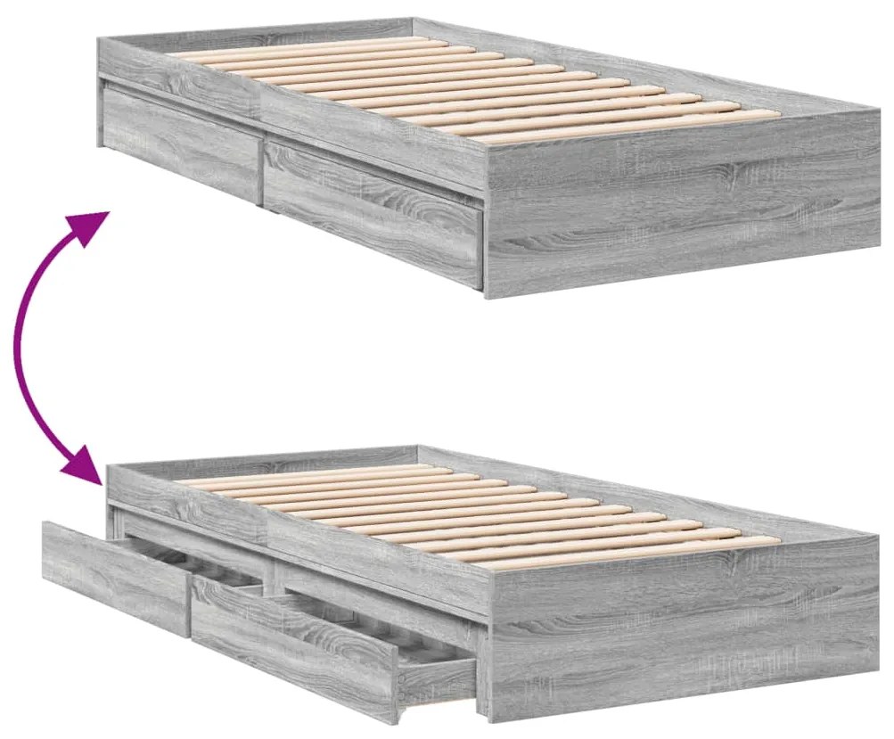vidaXL Πλαίσιο Κρεβατιού με Συρτάρια Γκρι Sonoma 75x190 εκ. Επεξ. Ξύλο