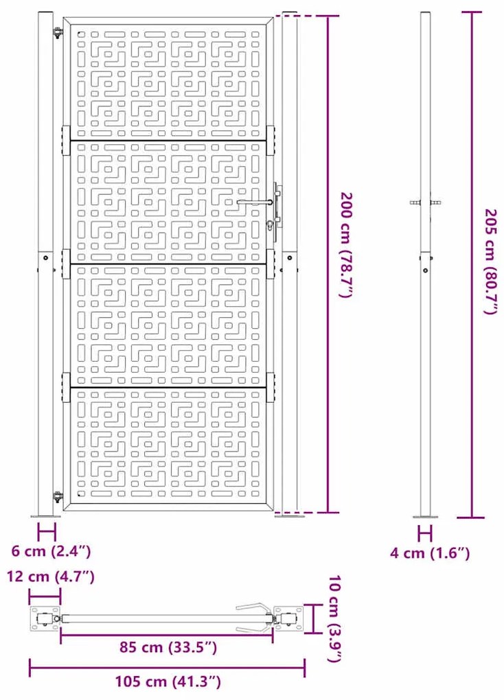 Πύλη κήπου Μαύρη 105x205 cm Ατσάλινος Σταυρός Σχεδιασμός - Μαύρο
