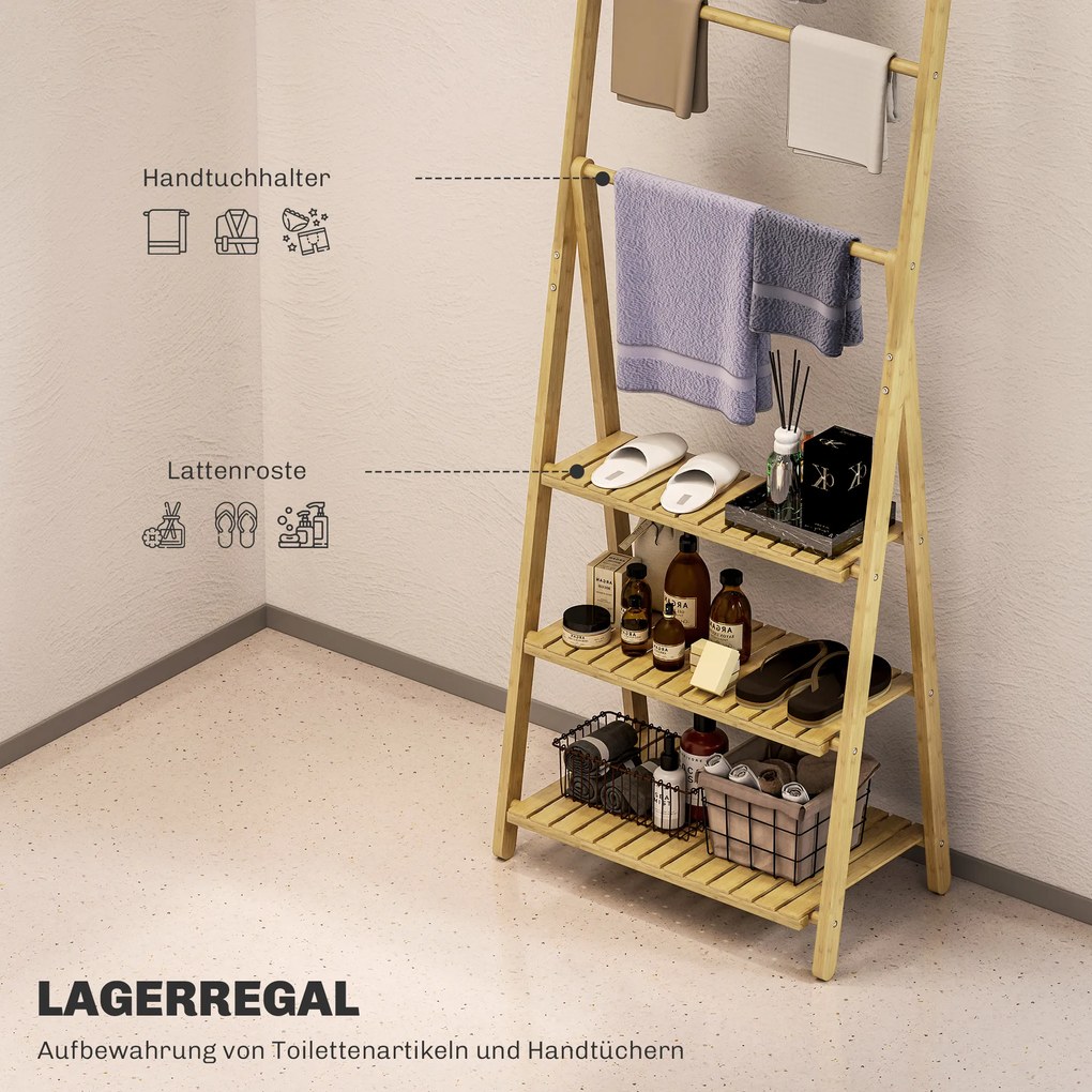HOMCOM Ράφι μπάνιου 3 επιπέδων, 3 κρεμάστρες πετσετών, πλαίσιο από μπαμπού, σχήμα Α, ράφια με σχάρες