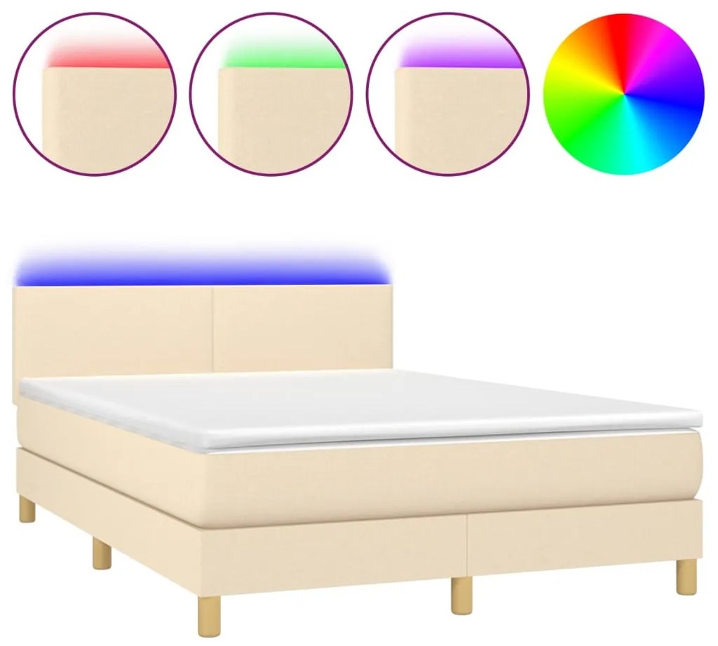 vidaXL Κρεβάτι Boxspring με Στρώμα & LED Κρεμ 140x200 εκ. Υφασμάτινο