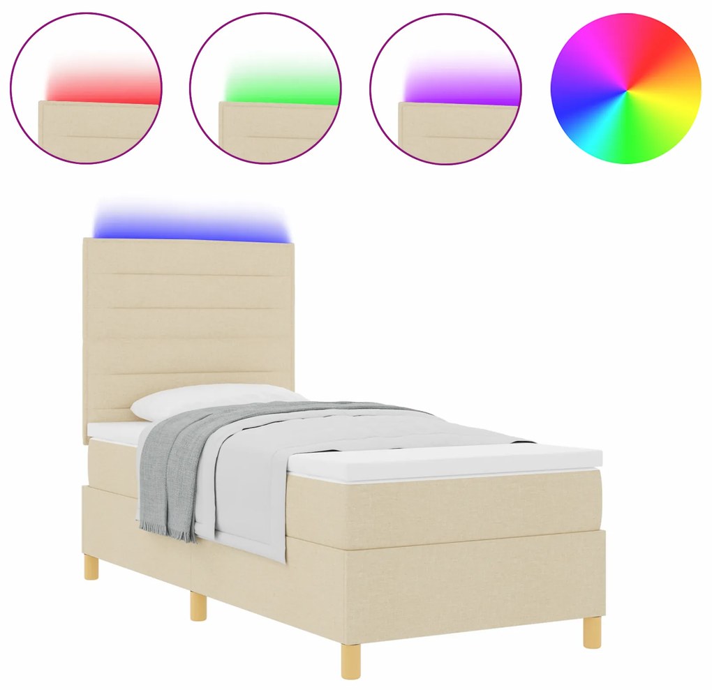 vidaXL Box Spring Κρεβάτι με Στρώμα & LED Κρεμ 100x200 εκ. Ύφασμα