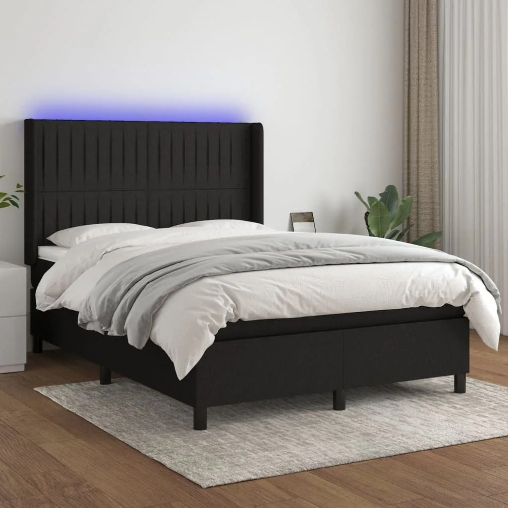 Κρεβάτι Boxspring με Στρώμα &amp; LED Μαύρο 140x200 εκ. Υφασμάτινο - Μαύρο