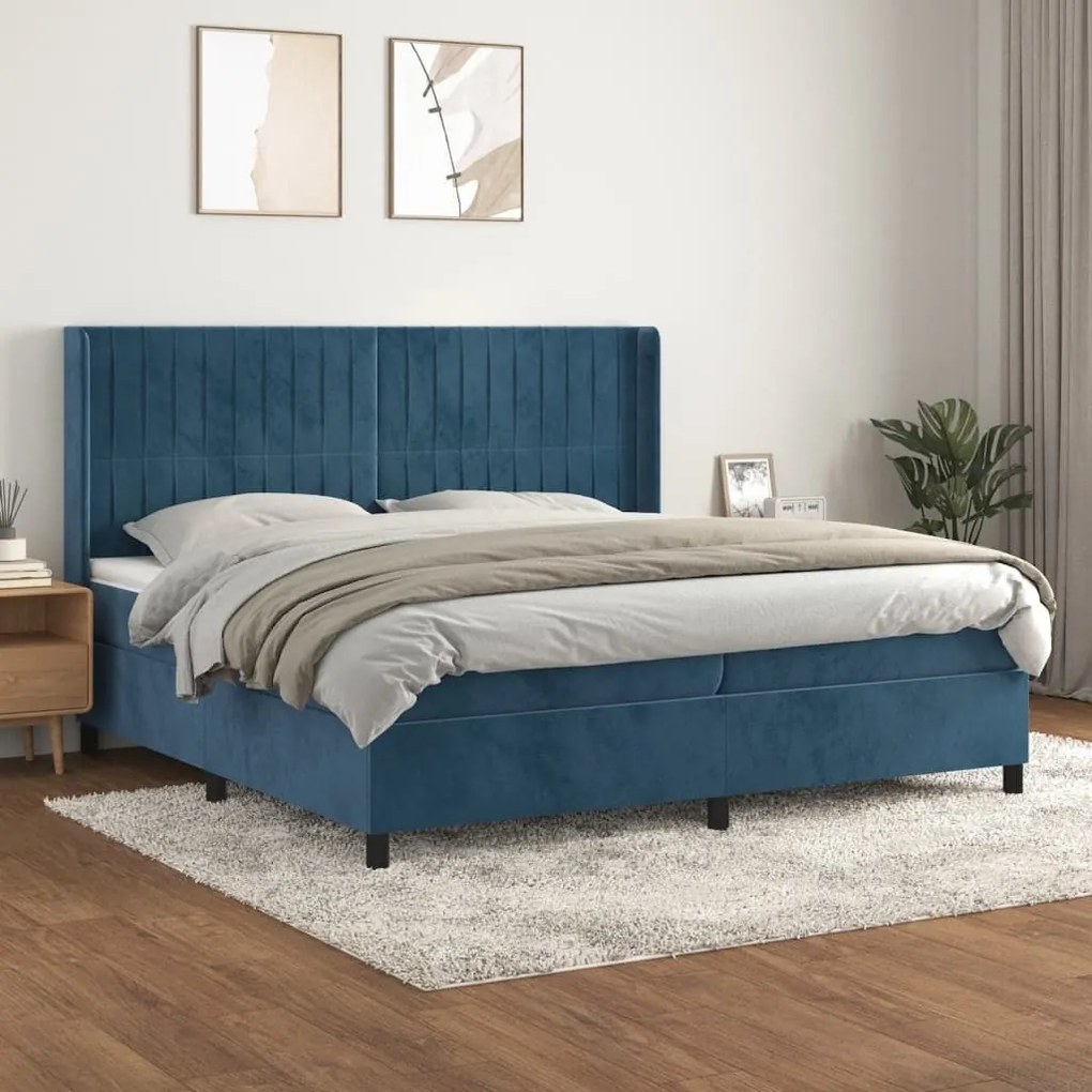 Κρεβάτι Boxspring με Στρώμα Σκούρο Μπλε 200x200 εκ. Βελούδινο - Μπλε