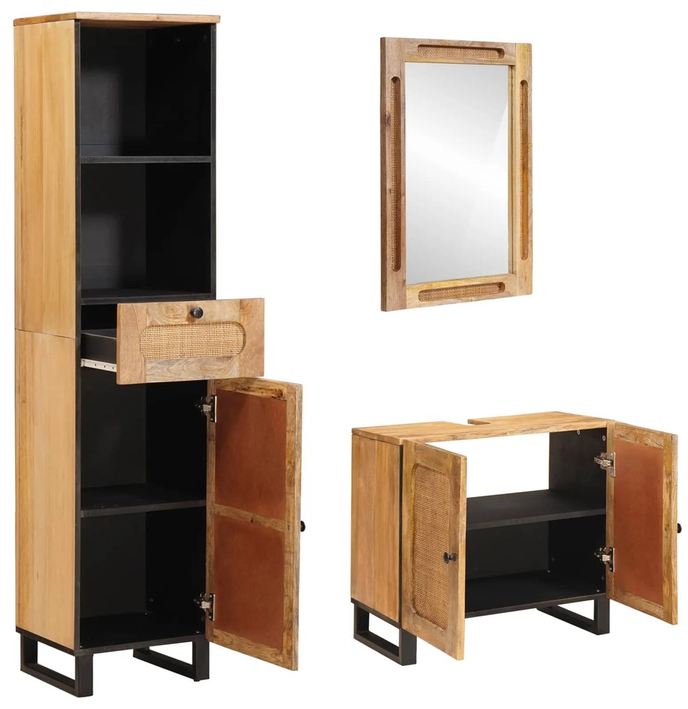 vidaXL Σετ Μπάνιου με συρτάρι με ράφι 3 pcs Φυσικό Στερεό ξύλο μάνγκο