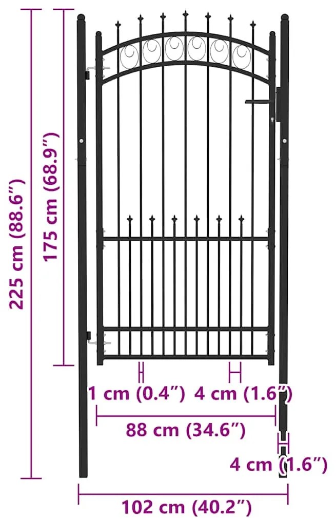 vidaXL Πόρτα Περίφραξης με Ακίδες Μαύρη 100 x 175 εκ. Ατσάλινη