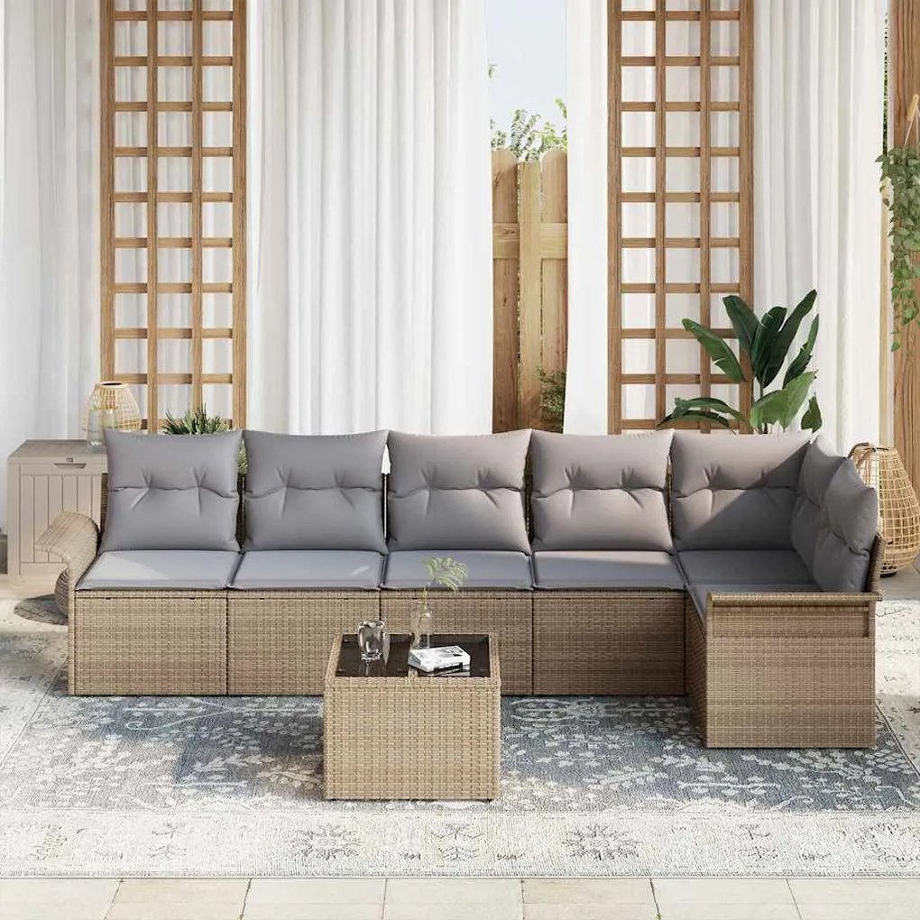 vidaXL Σετ Καναπέ Κήπου με μαξιλάρι 7 pcs Μπεζ Πολυ ράταν
