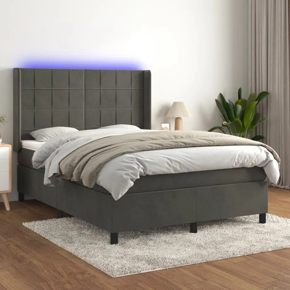 Κρεβάτι Boxspring με Στρώμα &amp; LED Σκ. Γκρι 140x190εκ. Βελούδινο