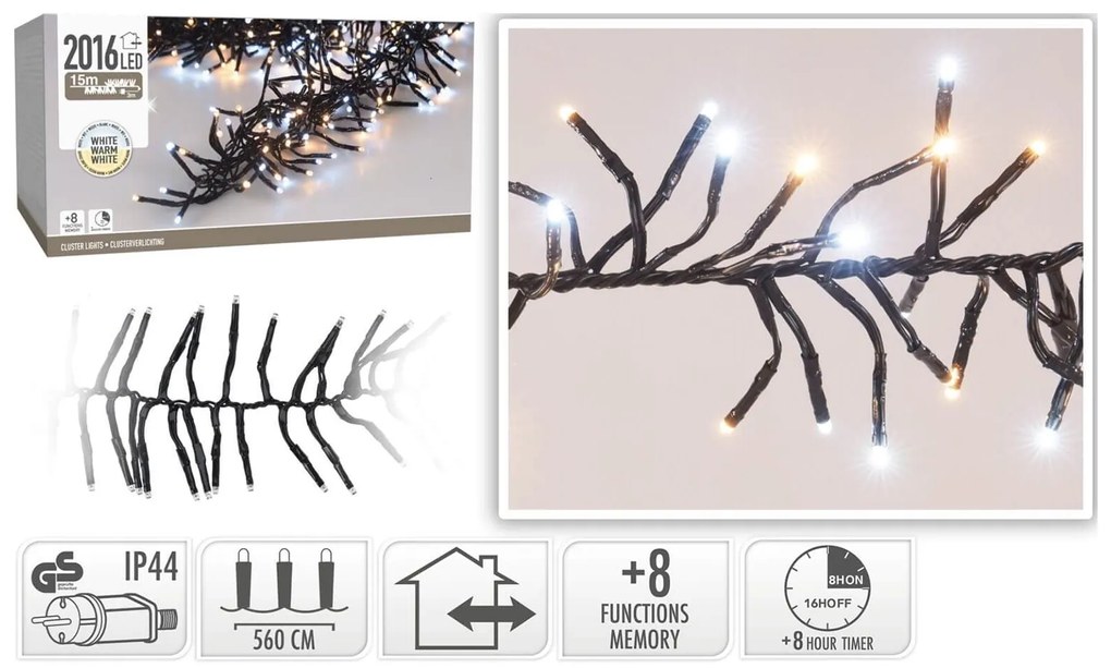 2016 Φωτάκια LED - 14.6 Μέτρα + 3 Μέτρα σύνδεσης, Κανονική Διάταξη, με χειριστήριο, 8 προγράμματα, Μαύρο καλώδιο PVC - Λευκό, Θερμό Λευκό