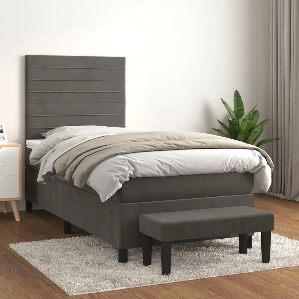 vidaXL Κρεβάτι Boxspring με Στρώμα Σκούρο Γκρι 100x200 εκ. Βελούδινο