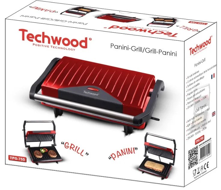 Ηλεκτρική τοστιέρα γκριλιέρα Techwood TPG-755, 750W, Αντιθερμική λαβή, Θερμοστάτης, Κόκκινο
