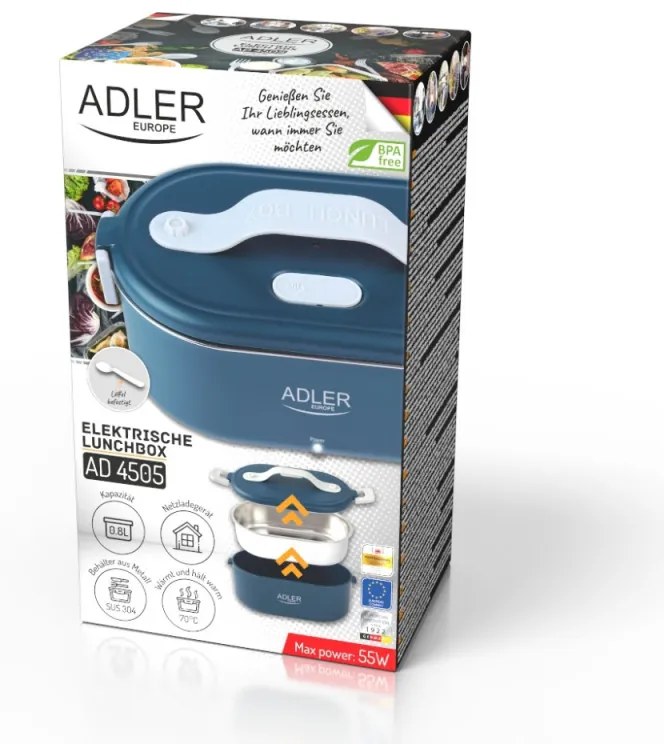 Ηλεκτρικό δοχείο φαγητού Adler AD 4505, 800 ml,  Έως 70C, Ανοξείδωτο ατσάλι, Μπλε